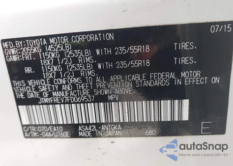 2015 Toyota Rav4 Limited z USA, uszkodzony, nr VIN JTMYFREV7FD069537